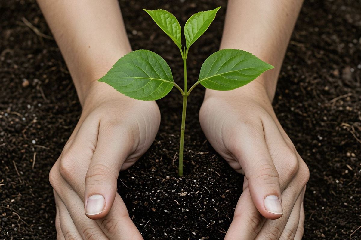 Handen rond een jonge plant in een bodem met groencompost